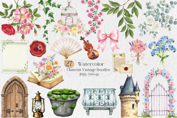 Chateau Vintage Watercolor Doodles: Elevate Your Designs