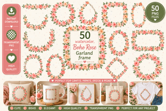 Elevate Your Designs with Boho Watercolor Rose Garland Frames