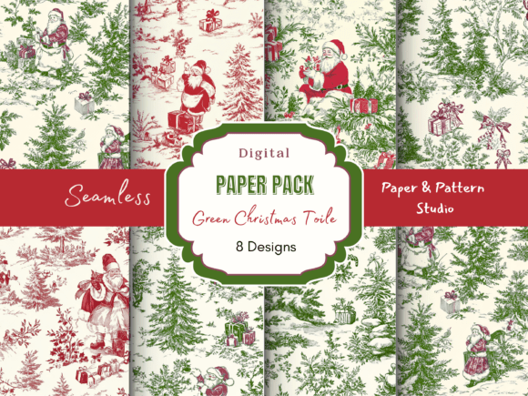 Green Christmas Toile Digital Paper: Vintage Elegance for Modern Design