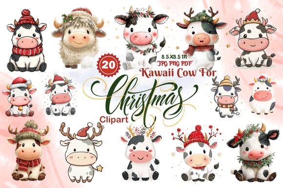 Kawaii Cow Christmas Clipart: Festive Design Assets