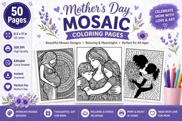 Mosaic Mother's Day Coloring Pages: A Designer's Asset