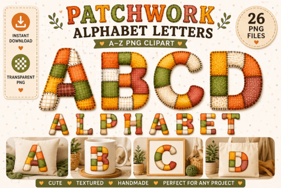 Warm Rustic Patchwork Alphabet: Cozy Design Elements