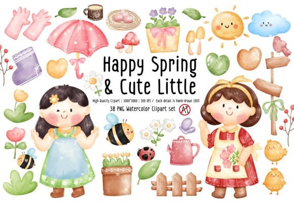 Watercolor Happy Spring and Cute Little Design Elements
